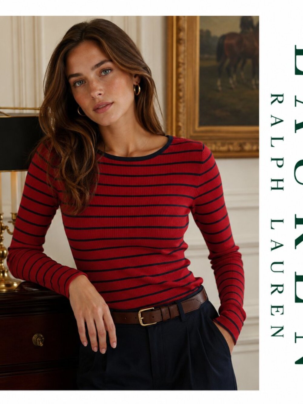 Lauren Ralph Lauren Womens Red Navy Blue Striped Long Sleeve Sweater Size S